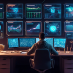 A futuristic home office setup with a person sitting comfortably in front of multiple computer screens, showing various cryptocurrency charts and staking p