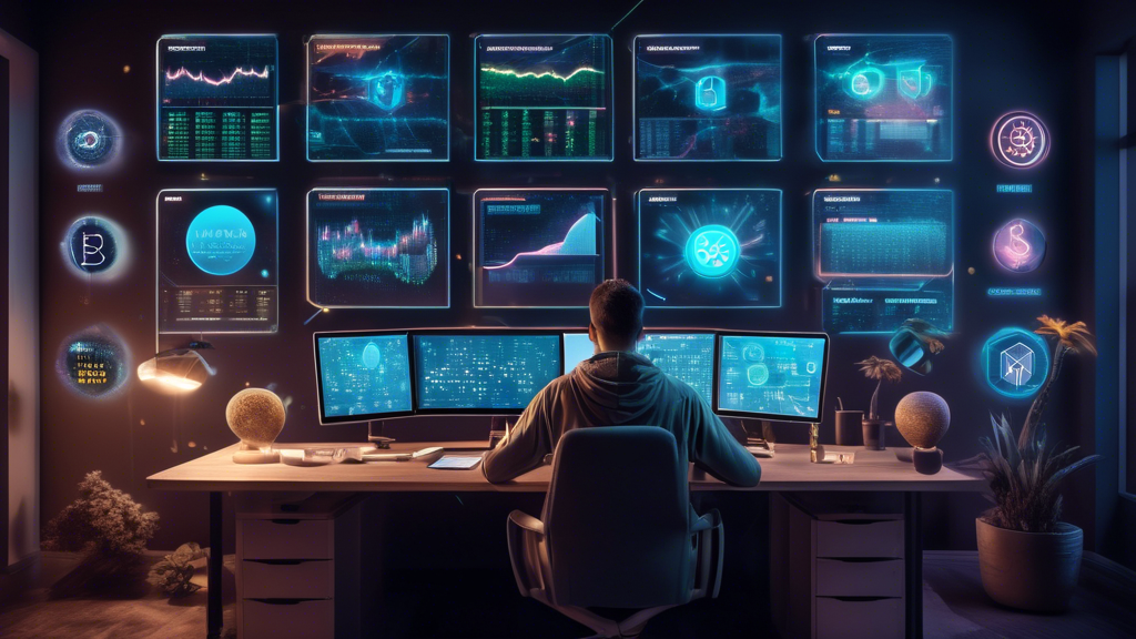 A futuristic home office setup with a person sitting comfortably in front of multiple computer screens, showing various cryptocurrency charts and staking p