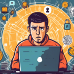 Create an image depicting a worried person surrounded by various common crypto security mistakes, such as using weak passwords, not enabling two-factor aut