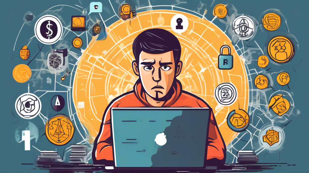 Create an image depicting a worried person surrounded by various common crypto security mistakes, such as using weak passwords, not enabling two-factor aut