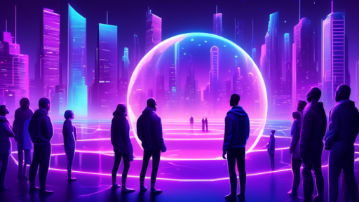 A futuristic cityscape with glowing neon lights and towering skyscrapers in shades of purple and blue. In the foreground, a group of people stand in a circ