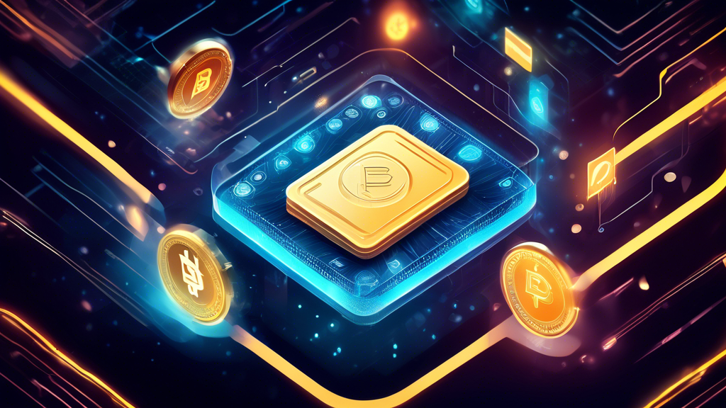 A futuristic digital wallet emitting beams of light, representing security and protection, surrounded by blockchain symbols and cryptocurrencies floating i