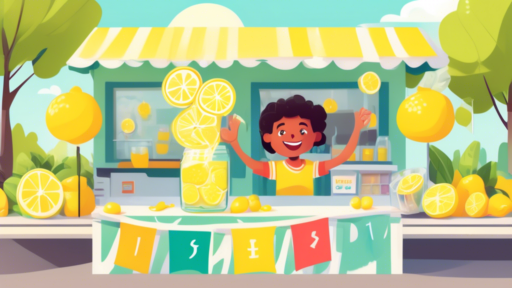 A person excitedly holding up a single dollar bill, standing next to a lemonade stand on a sunny day in a suburban neighborhood. The stand is decorated wit