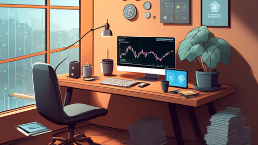 A serene home office with a sleek computer setup displaying a cryptocurrency dashboard, stacks of coins representing various cryptocurrencies like Ethereum