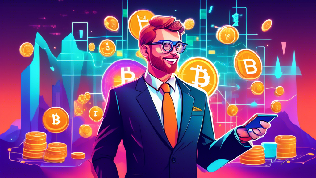 An illustration of a digital landscape with a prominently displayed cryptocurrency wallet surrounded by vibrant, glowing coins. A friendly, expert figure w