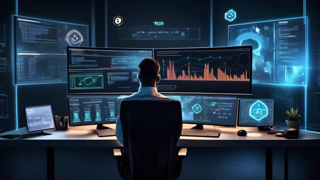 A sleek, modern computer desk setup featuring multiple monitors displaying cryptocurrency graphs and security alerts. A digital lock and shield icon hover