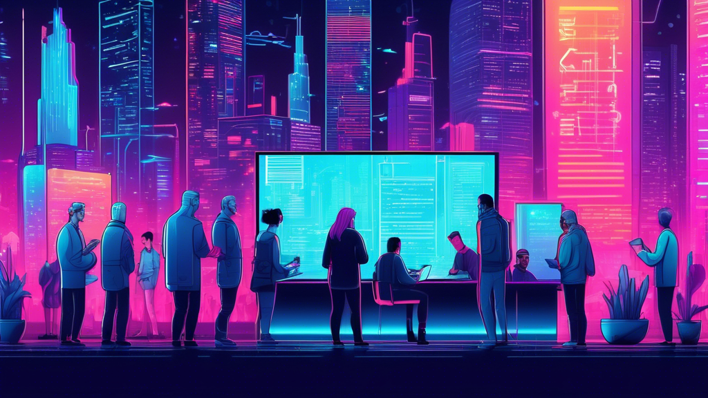 A futuristic cityscape with skyscrapers and neon signs, each building displaying a different type of smart contract. In the foreground, a group of people a