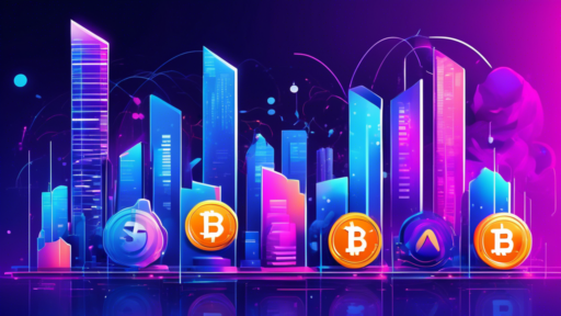 Create a vibrant and dynamic digital illustration showcasing Maximize Your Earnings with These Top 5 Staking Coins of the Year! at the top. The image shoul