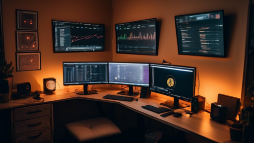 A cozy home office setup with budget-friendly computer hardware, such as a basic desktop PC with multiple monitors showing crypto mining software. The room