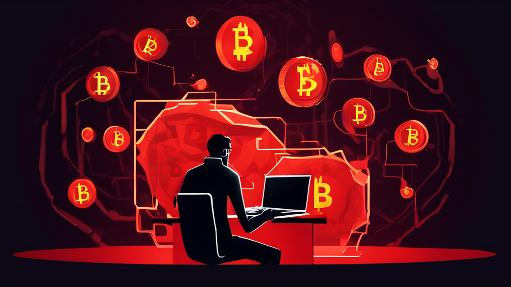 A shadowy figure using a laptop to steal cryptocurrency from a floating Bitcoin coin, with red flags and warning signs surrounding the scene.