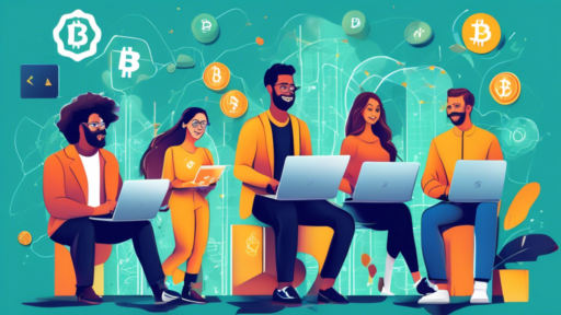 Create an image of a diverse group of people joyfully staking cryptocurrencies on their laptops and smartphones, with symbols of popular cryptocurrencies l