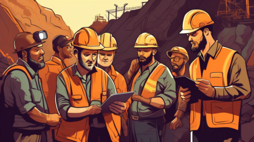 Illustration of a group of new miners making common mistakes at a mine site. Some are struggling with broken equipment, others are lost looking at a map, w