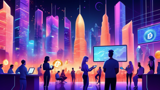 An ultramodern digital illustration depicting a futuristic city with sleek skyscrapers and glowing cryptocurrency symbols floating around. In the foregroun