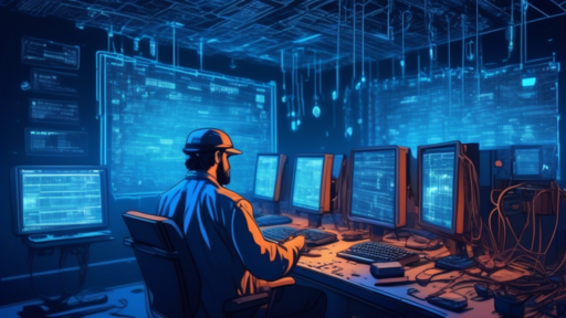 An underground crypto mining operation, bathed in an eerie blue light, with rows of powerful mining rigs humming in sync. A determined miner is seen in the