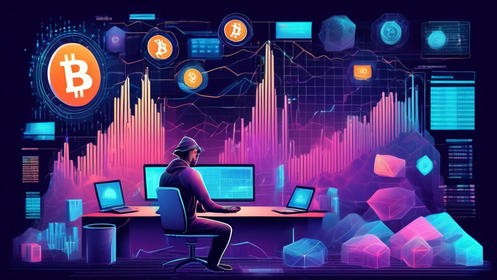 A detailed illustration of a person mining cryptocurrency using a high-tech computer setup with multiple GPUs, surrounded by graphs and charts showing pote