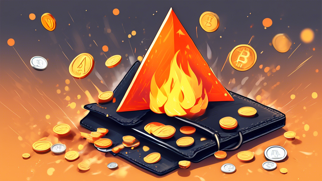 Crypto wallet on fire, with scattered coins and a warning triangle.