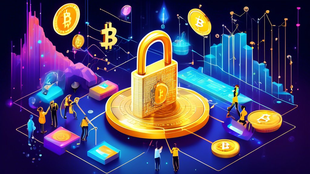 A vibrant digital illustration of a futuristic financial landscape, with cryptocurrency coins like Bitcoin and Ethereum floating around. In the center, a s